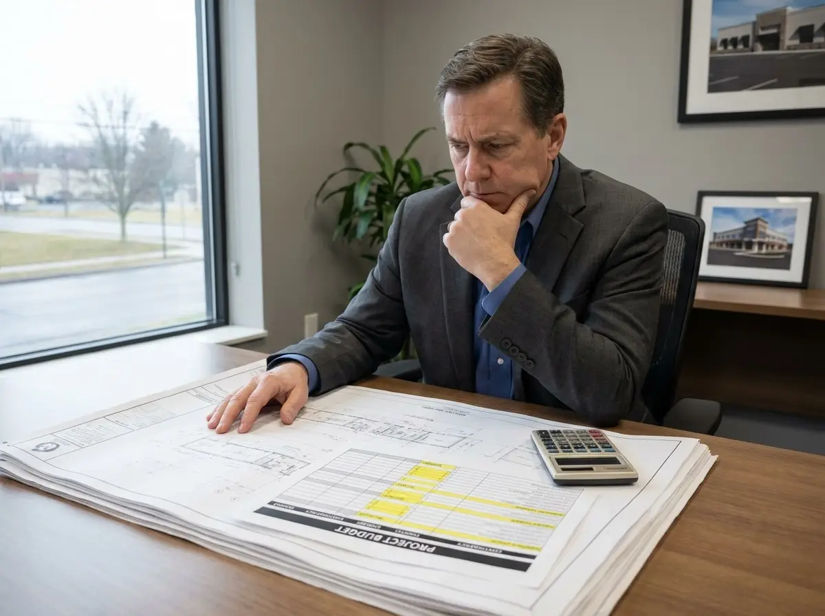 Commercial developer reviewing construction plans and budget concerns before a Wilkes-Barre project begins