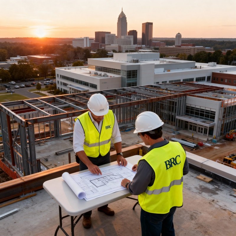 two Broad Reach Worker Reviewing Drawings, at an activ=ce Design-build warehouse construction site in raleigh North Carolina